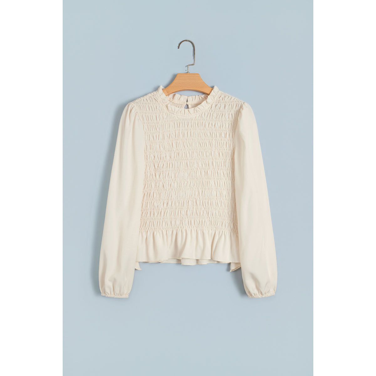 Blusa avorio arricciata con maniche a palloncino — vista frontale
