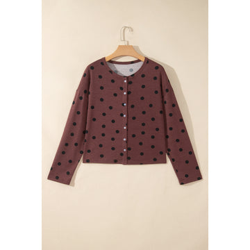 Camicia marrone a pois con bottoni e maniche lunghe — vista frontale