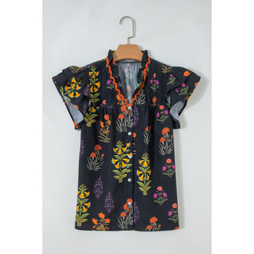 Camicia nera floreale con scollo a V e volant — vista frontale