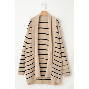 Cardigan a righe nere con collo a scialle e tasche — vista frontale