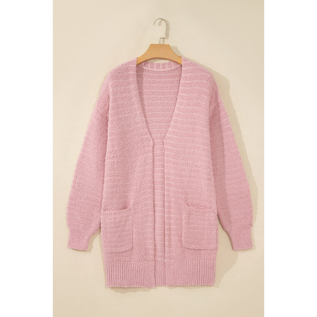 Cardigan aperto rosa chiaro in maglia soffice a costine — vista frontale