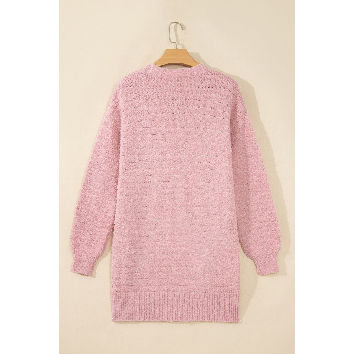 Cardigan aperto rosa chiaro in maglia soffice a costine — vista posteriore