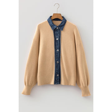 Cardigan color pergamena con colletto a camicia a contrasto — vista frontale