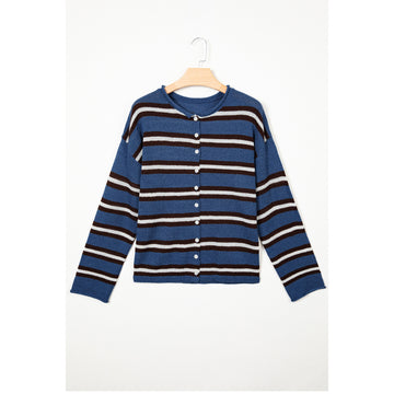 Cardigan in maglia a righe blu con bottoni frontali — vista frontale