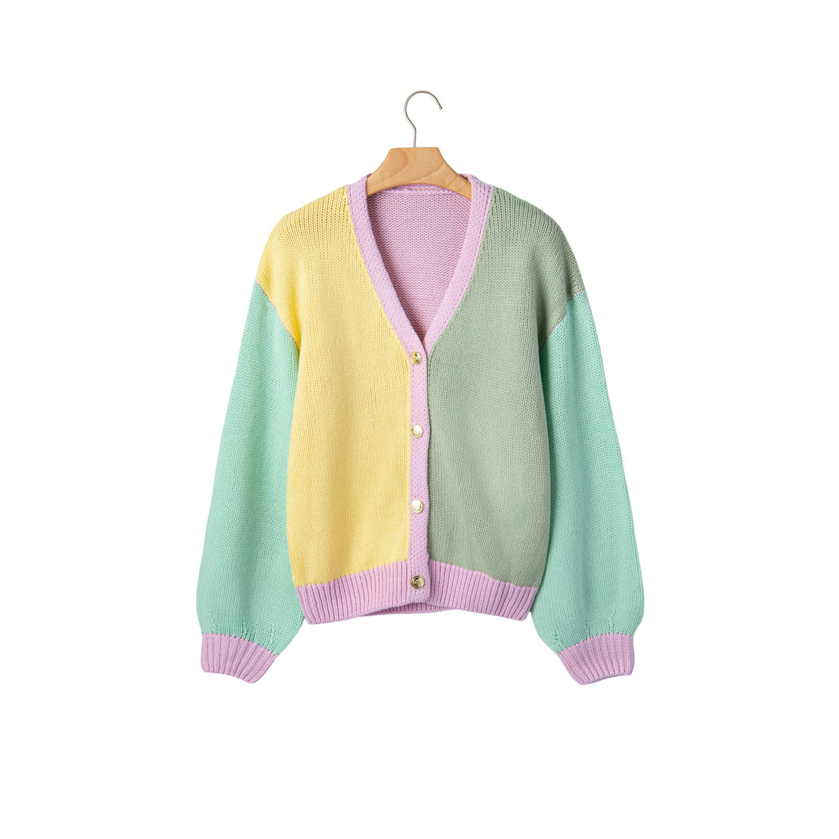 Cardigan in maglia patchwork pastello con scollo a V — vista frontale