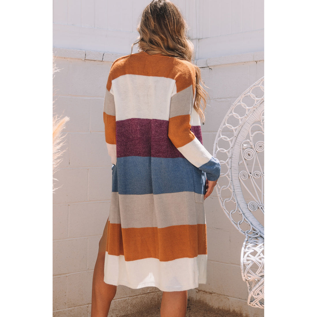 Cardigan lungo multicolore a blocchi di colore — vista frontale