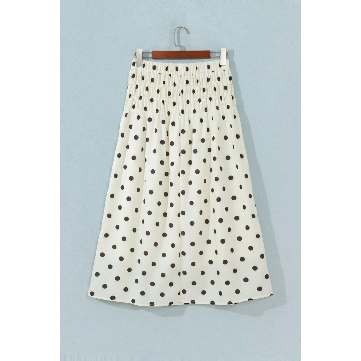 Gonna lunga beige a pois con vita arricciata — vista frontale