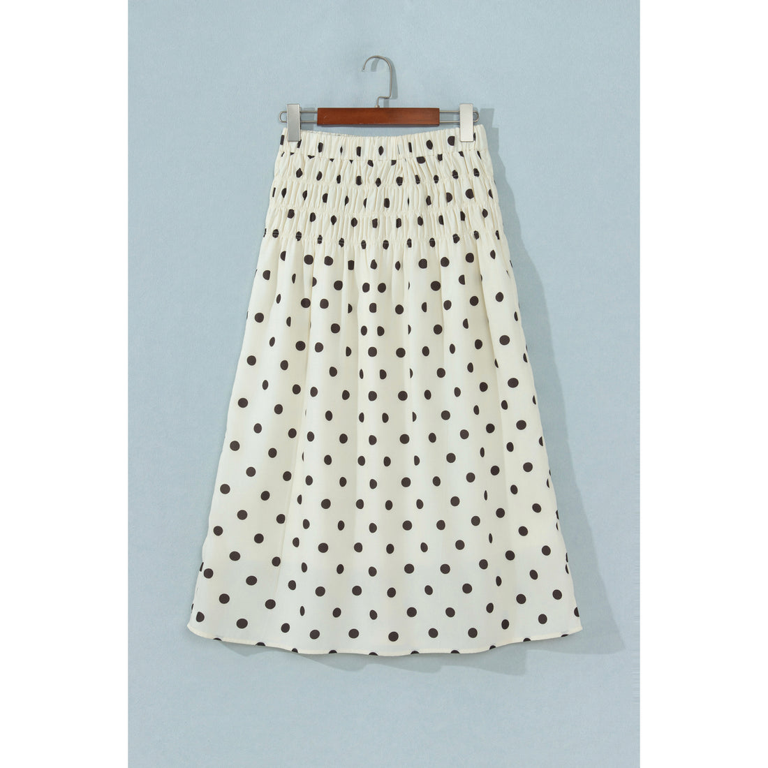 Gonna lunga beige a pois con vita arricciata — vista frontale