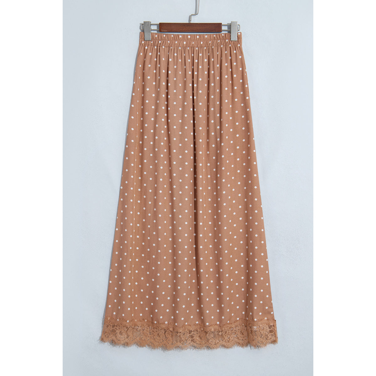 Gonna lunga kaki a pois con fondo in pizzo — vista frontale