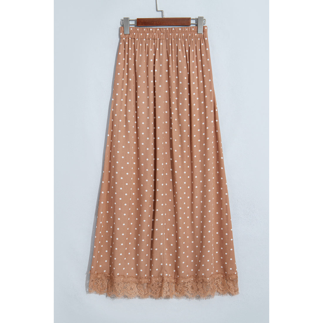 Gonna lunga kaki a pois con fondo in pizzo — vista frontale