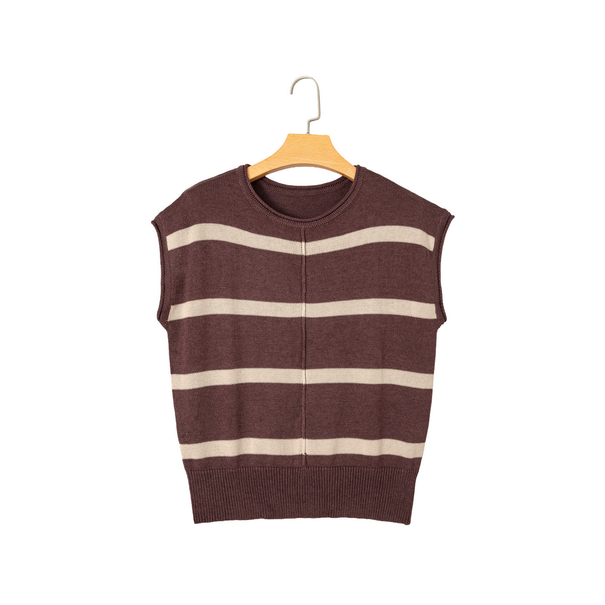 Maglione a maniche corte a righe marroni — vista frontale
