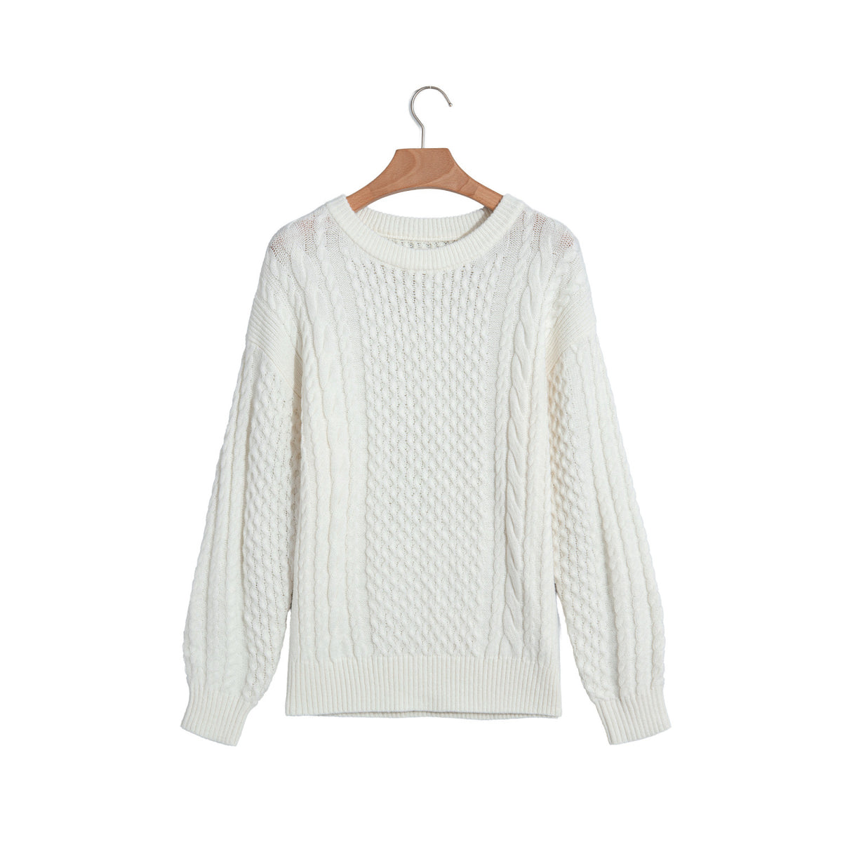Maglione beige girocollo con lavorazione a trecce — vista frontale