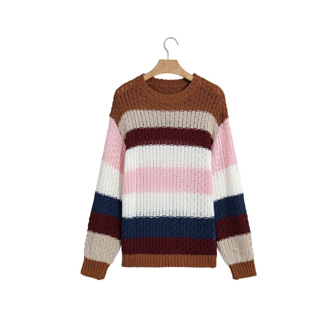 Maglione girocollo a righe multicolore in maglia spessa — vista frontale