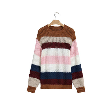 Maglione girocollo a righe multicolore in maglia spessa — vista frontale