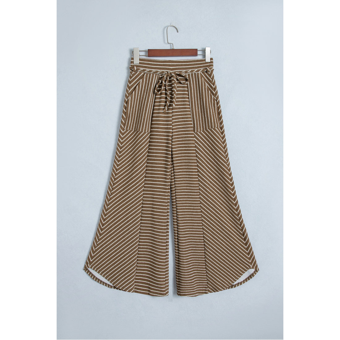 Pantaloni a gamba larga patchwork a righe kaki — vista frontale