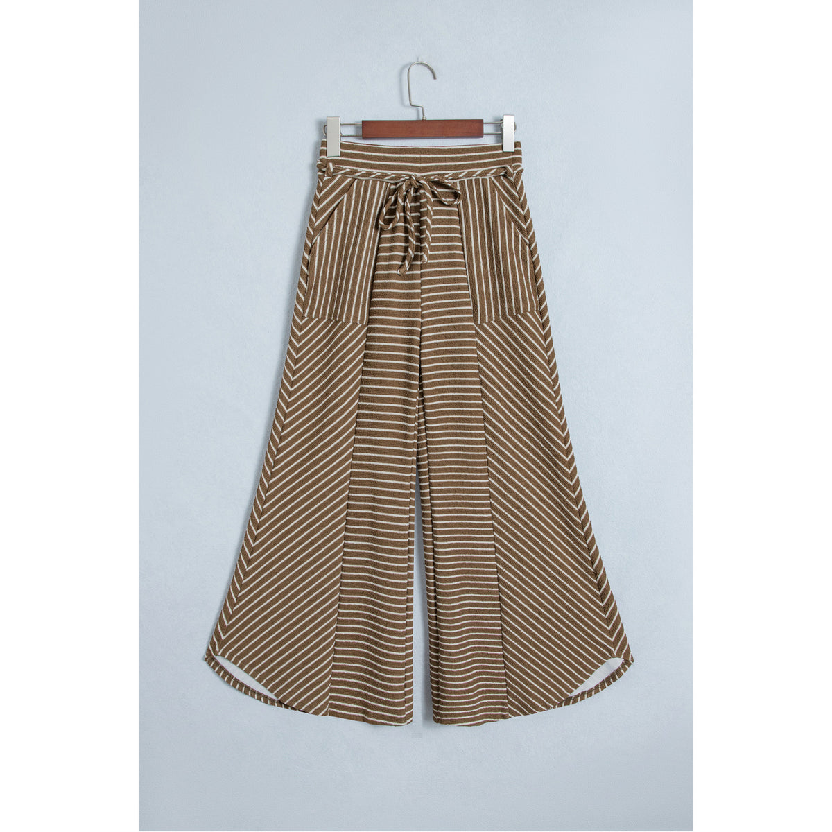 Pantaloni a gamba larga patchwork a righe kaki — vista frontale