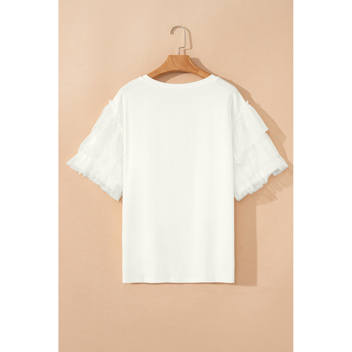 Top bianco misto cotone con volant in tulle sulle maniche — vista posteriore