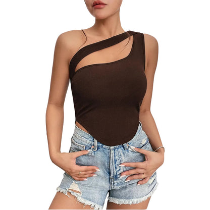 Side view of Black women's cutout front tank top