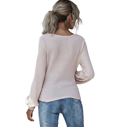 Women's Puff Sleeve V-Neck Fitted Long Sleeve T Shirt