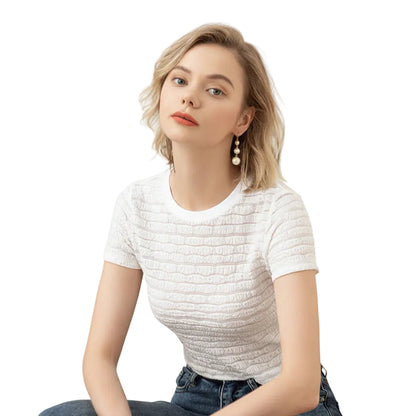 Close-up of lace detail on Black women's T shirt
