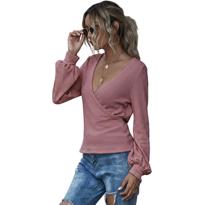 Women's Puff Sleeve V-Neck Fitted Long Sleeve T Shirt